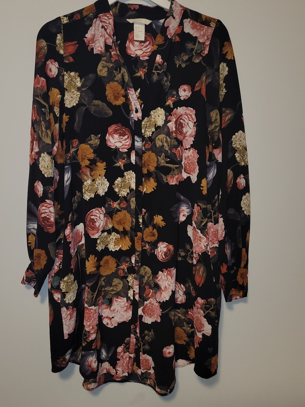 H&M Floral Tunic Dress Black Button Front Long Sleeve Pockets - Picture 3 of 8